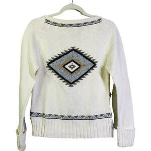 LIZ‎ CLAIBORNE Lizwear Jeans Sweater Boatneck Aztec Southwest Knit Ribbed Cuffs